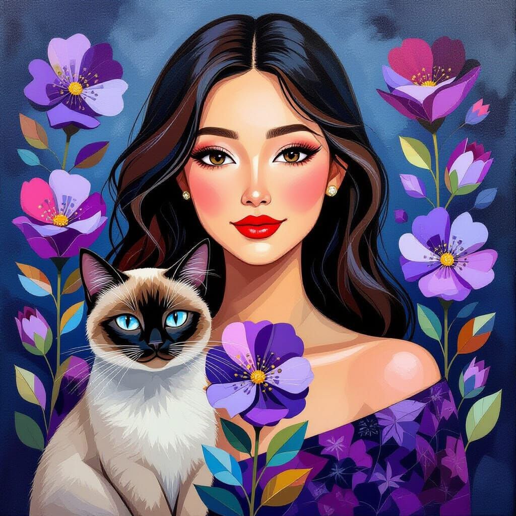 Woman with Siamese Cat and Purple Flower Painting