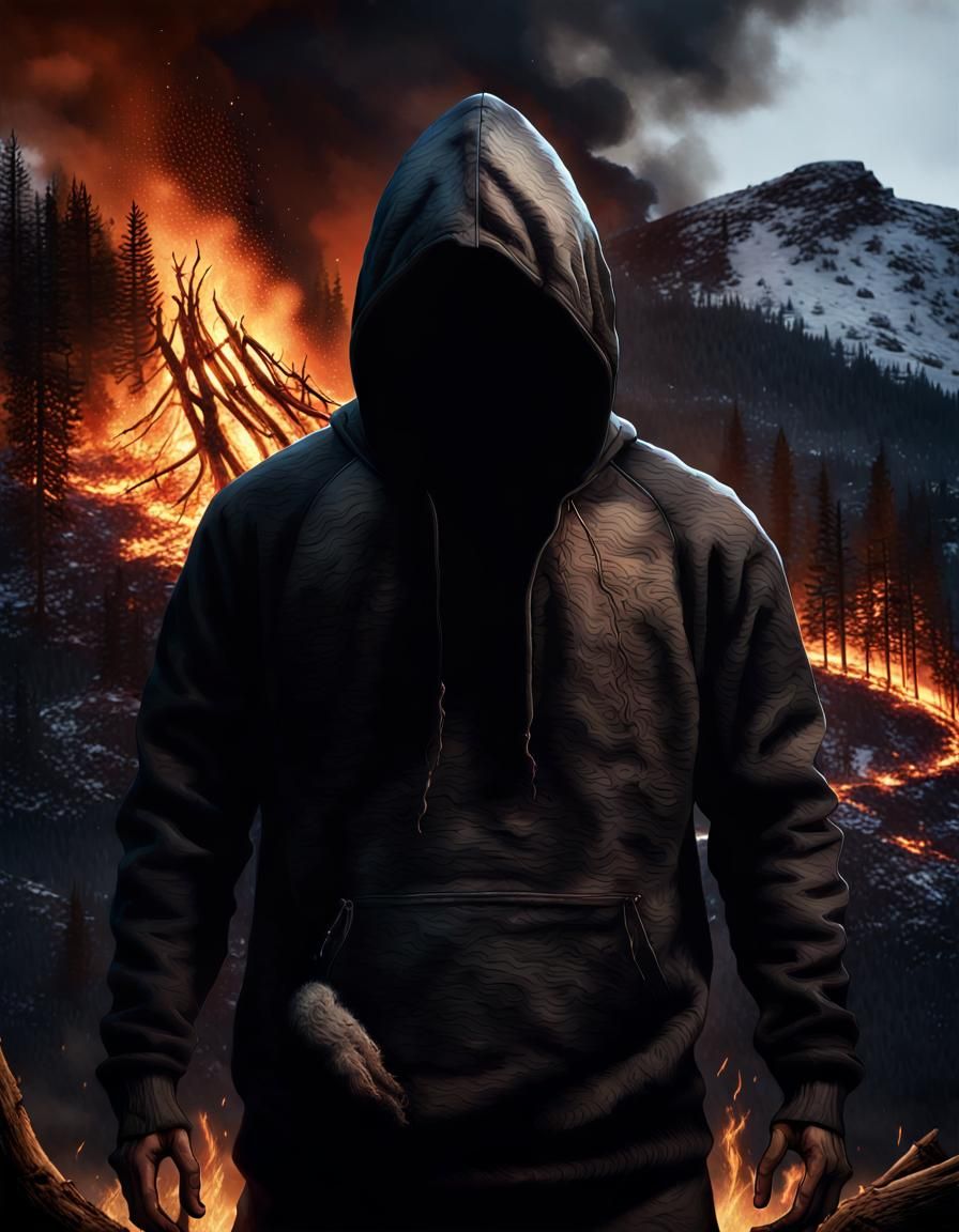 Fiery Hooded Figure on Burned Mountainside