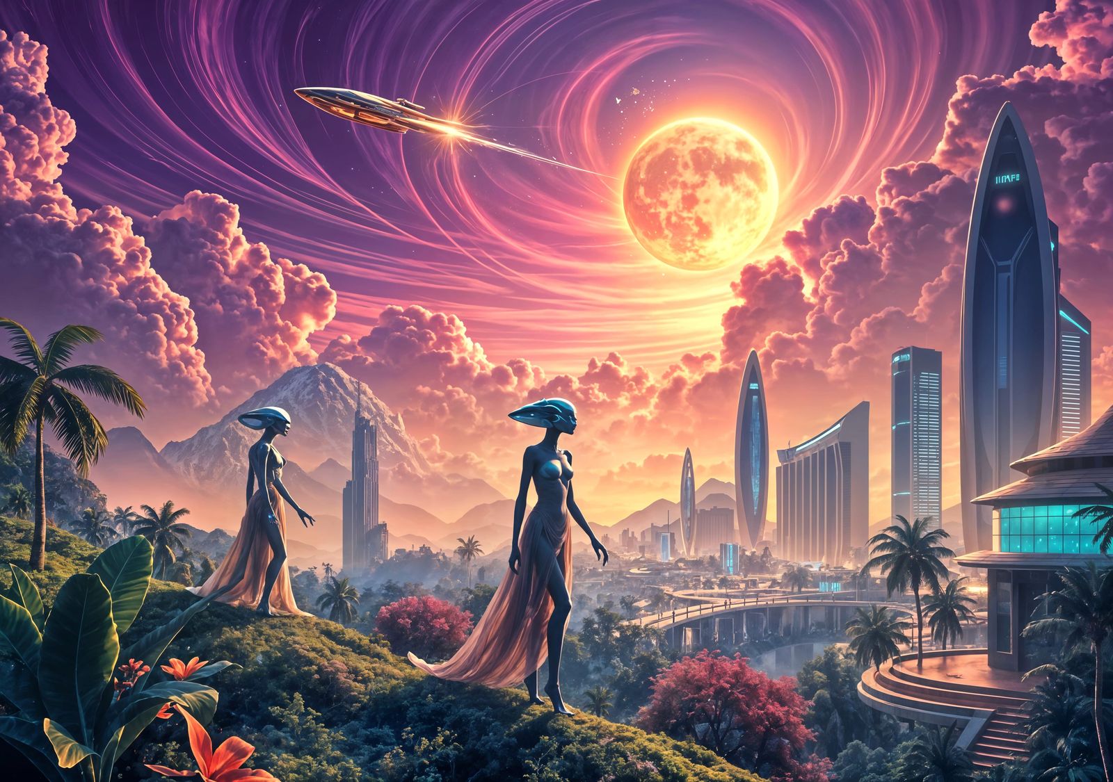 Humanoid Aliens Explore Paradise Planet in Photorealistic St...