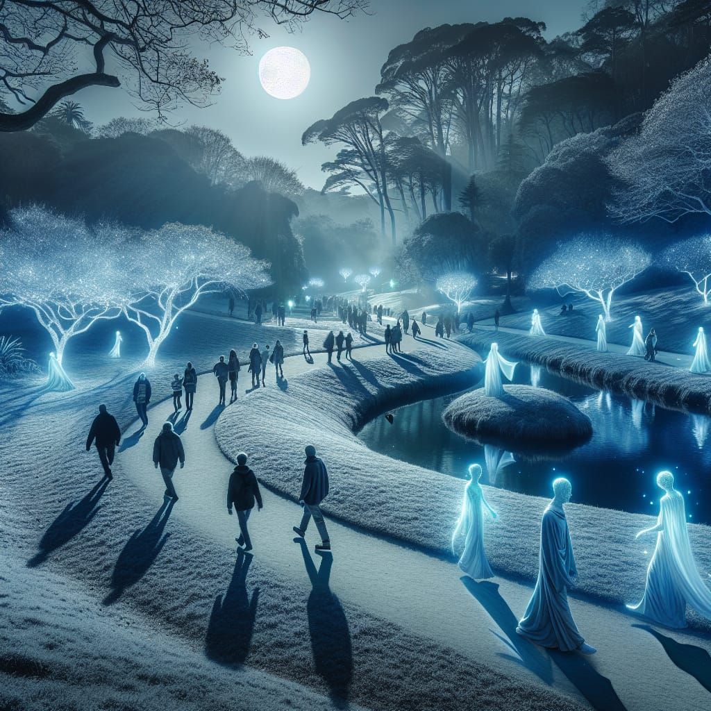 Moonlit Park Scene with Mystical Figures