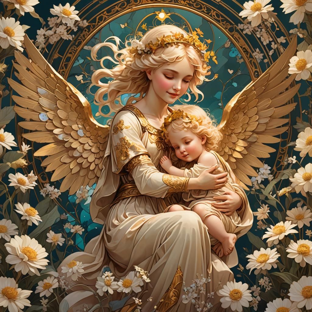 Angelic Mother and Child in Art Nouveau Style