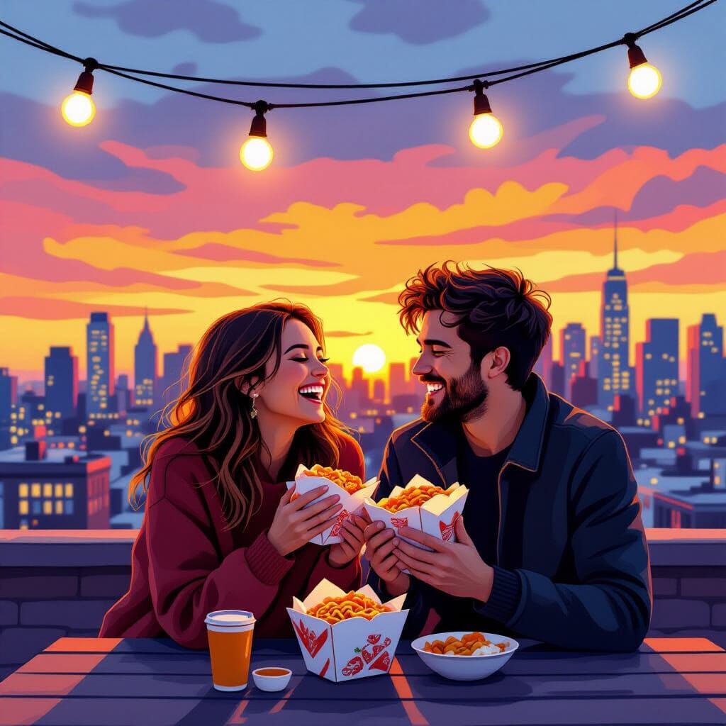 Rooftop Romance: Couple Sharing Sunset Meal