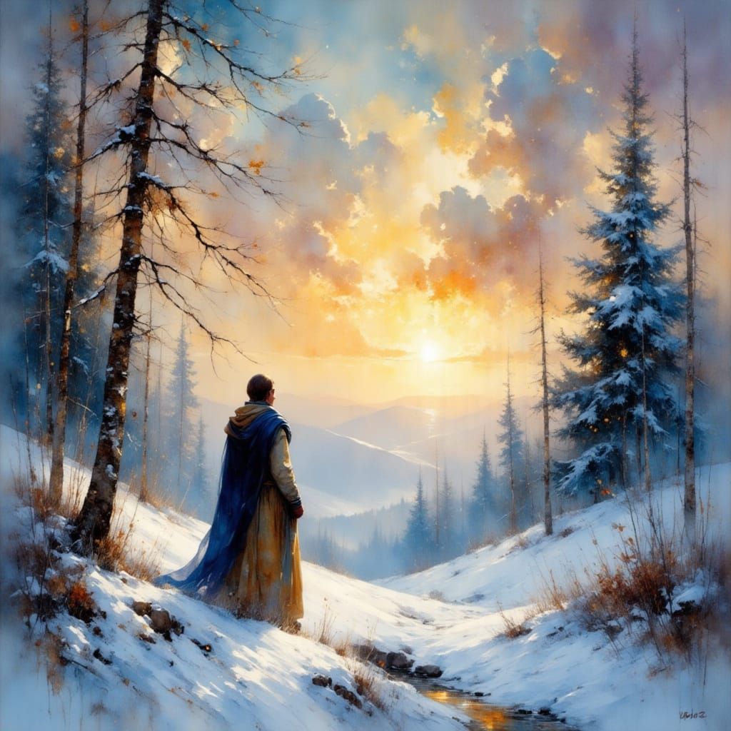 Magical Realism Winter Landscape with Medieval Traveler