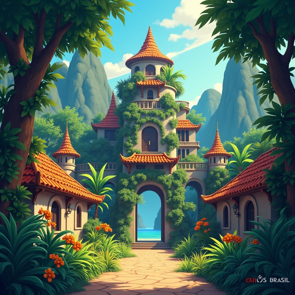 Brazilian Gaming Banner with Mystical Architecture in Digita...