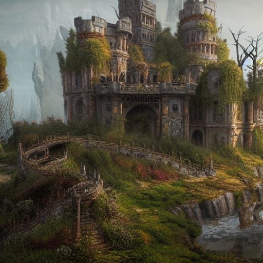 Post-Apocalyptic Castle Overgrown with Nature in Detailed Ma...