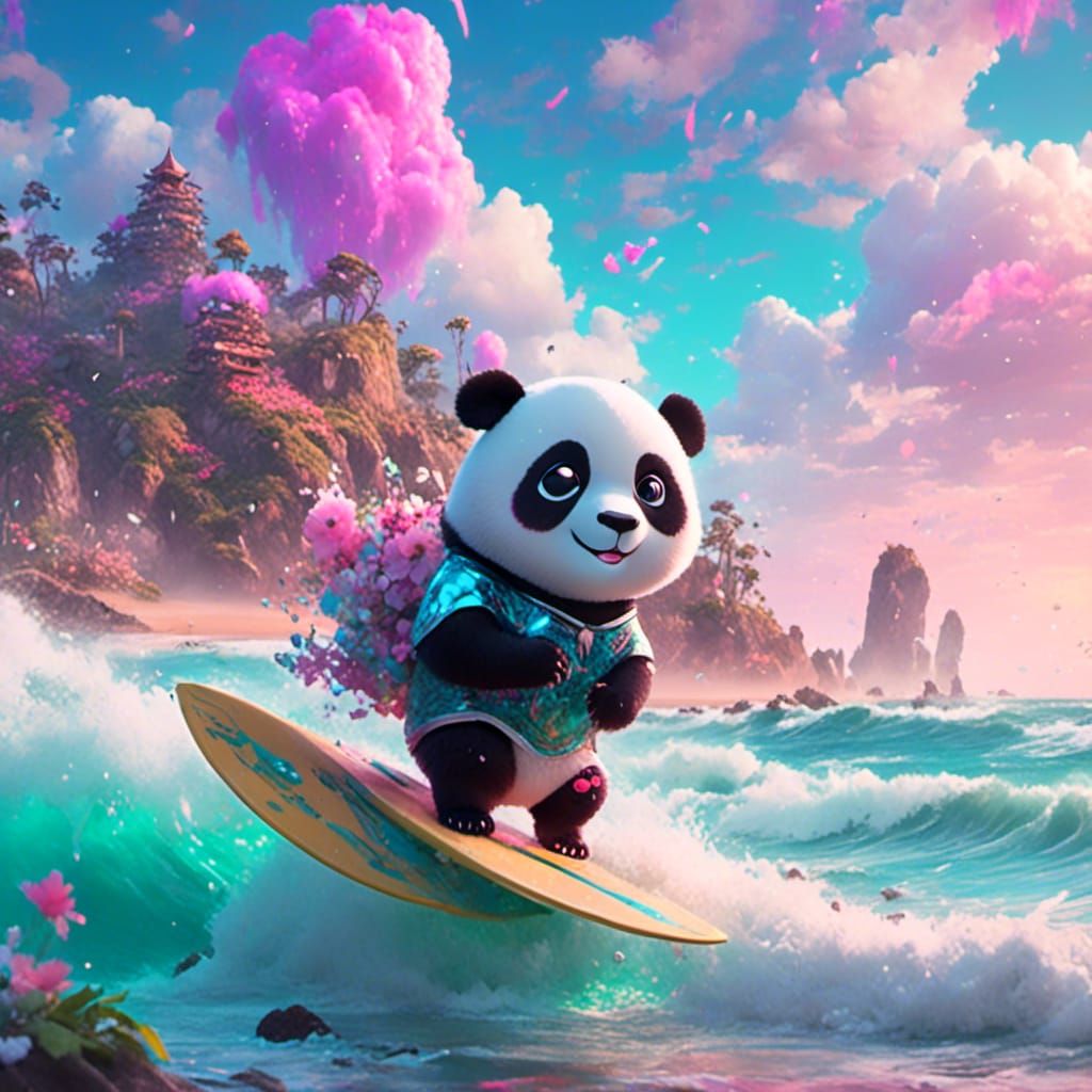 Pastel Panda Surfing on Dreamy Beach