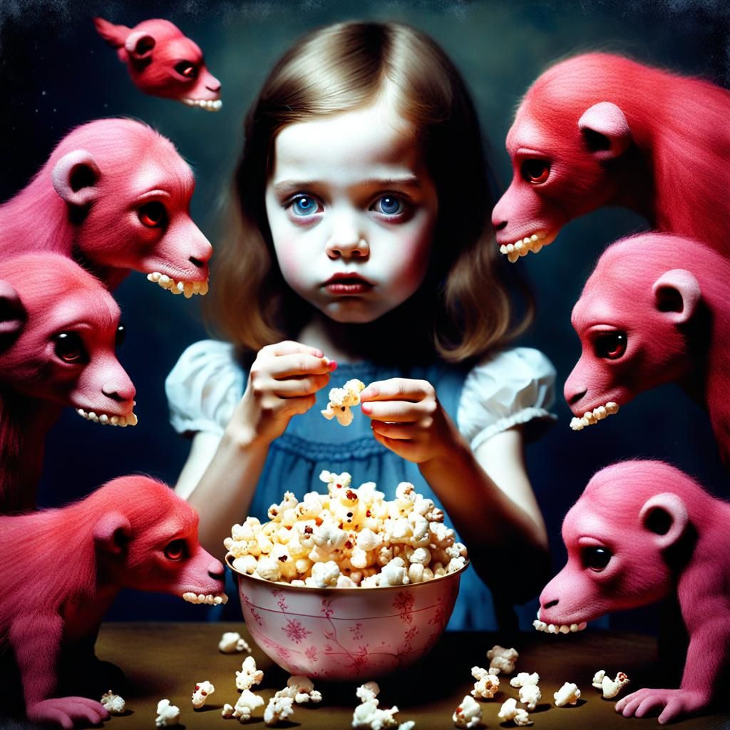 Girl Feeds Popcorn to Strange Red Animals