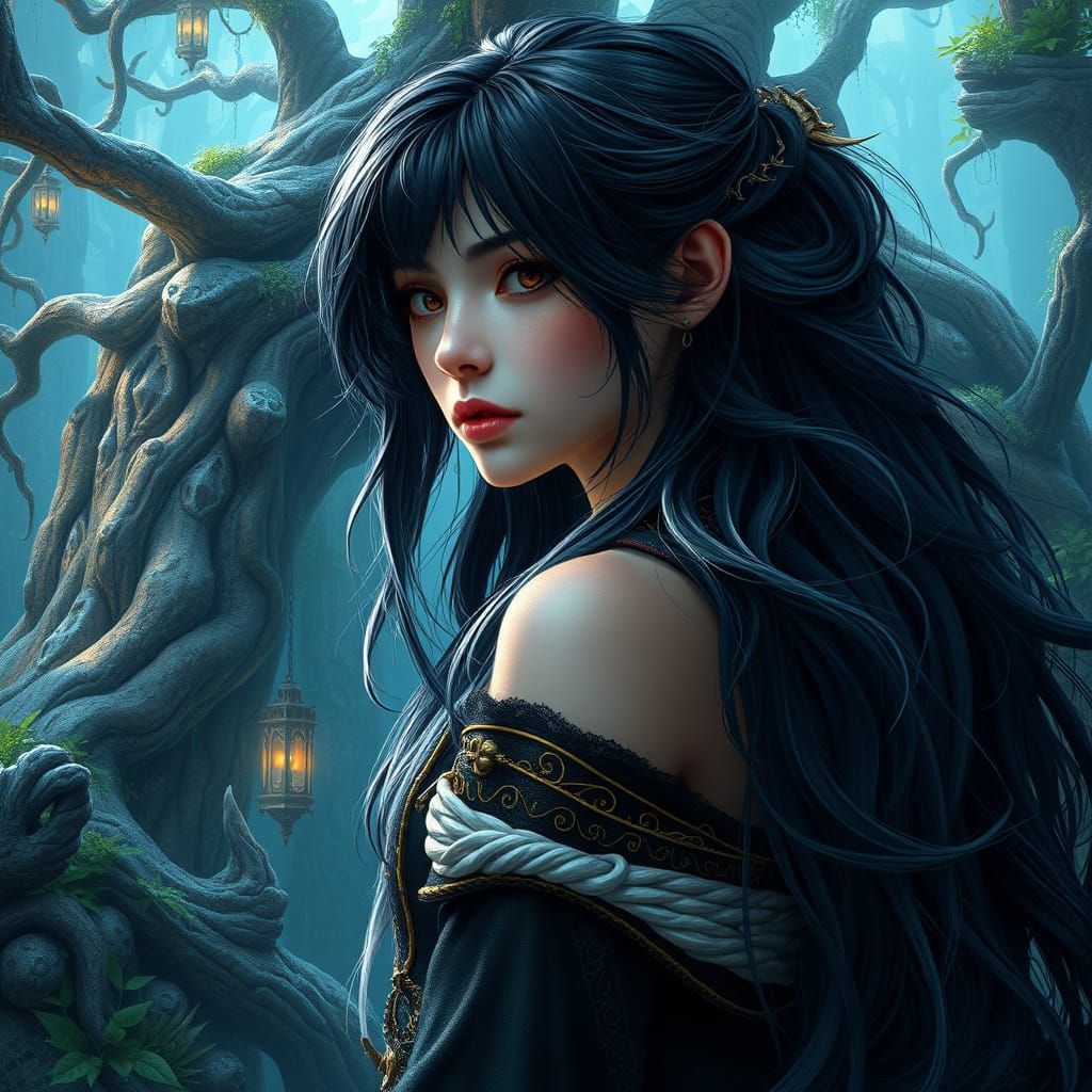 Whimsical Fantasy Woman in Mystical Realm