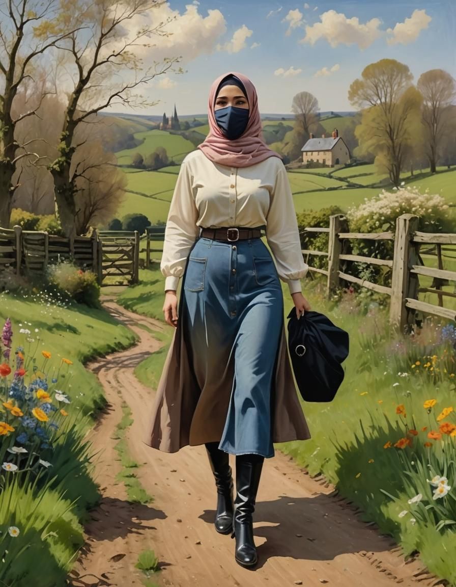 Curvy Woman in Hijab in British Countryside Painting