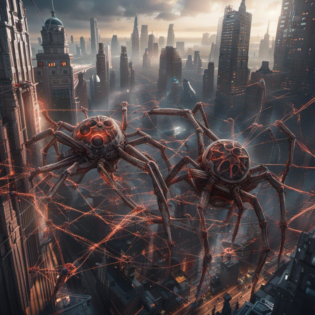 Giant Spiders Weaving Webs Over Futuristic City