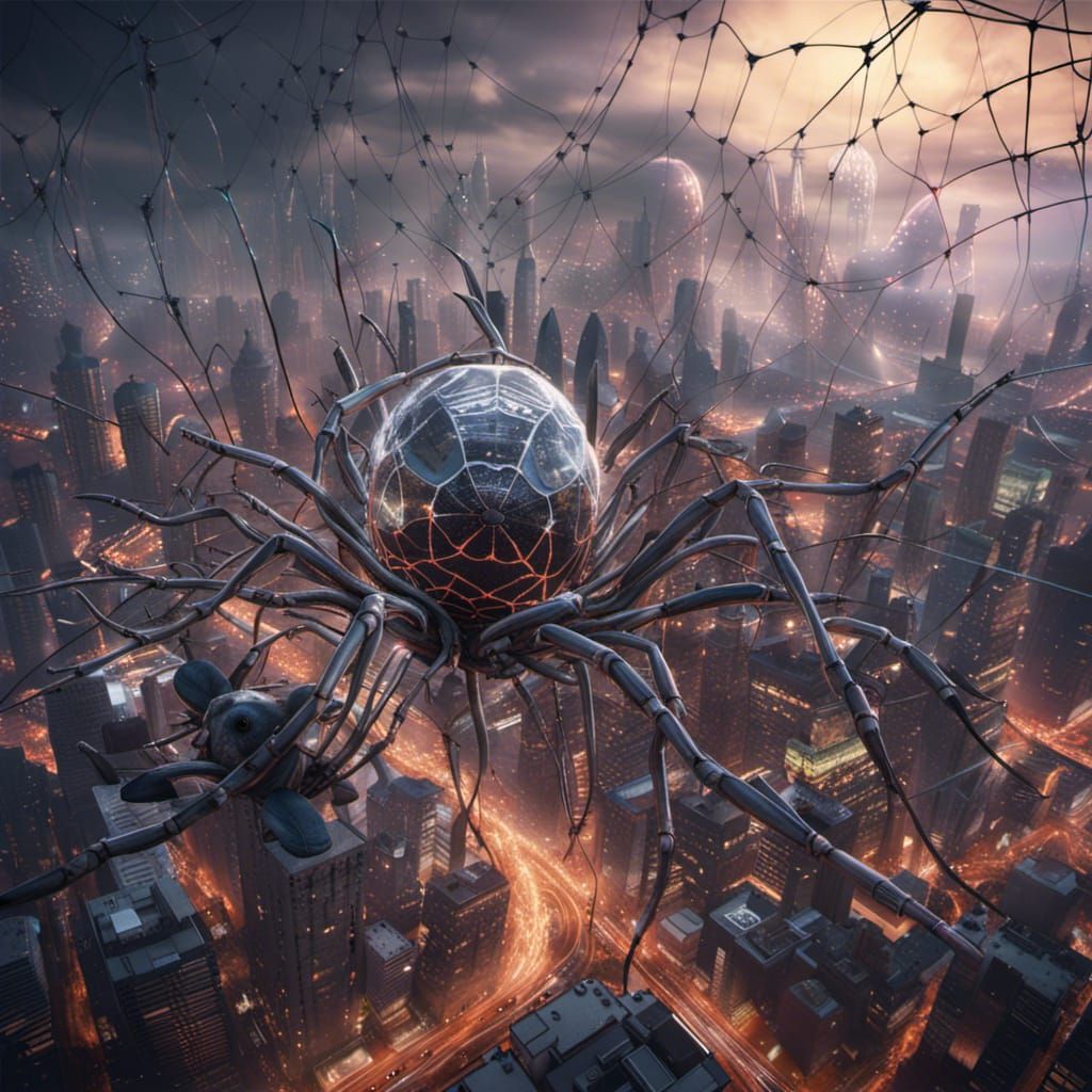 Giant Spiders Weaving Webs Over Futuristic City