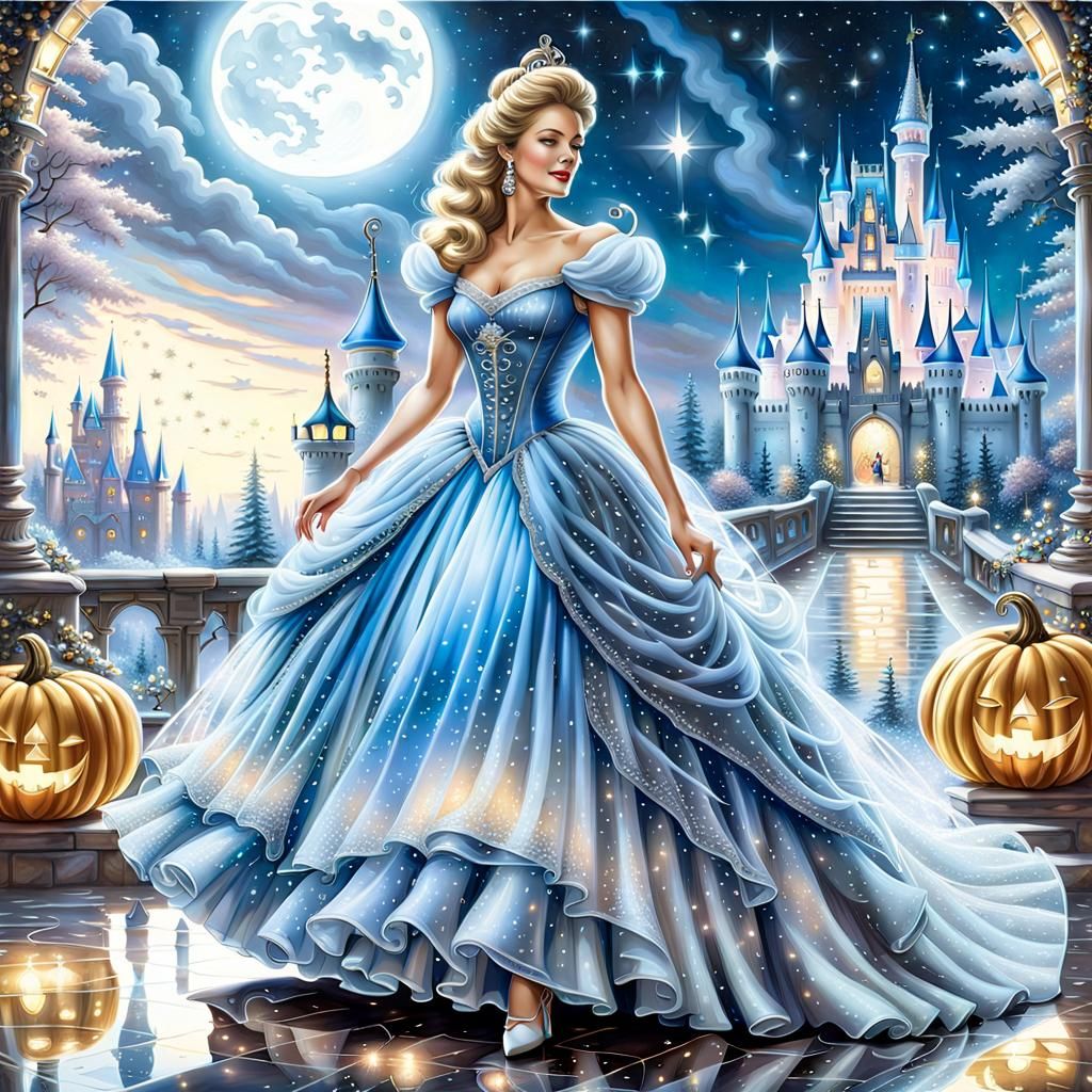 Cinderella blue shining ball dress with the glass slipers an...