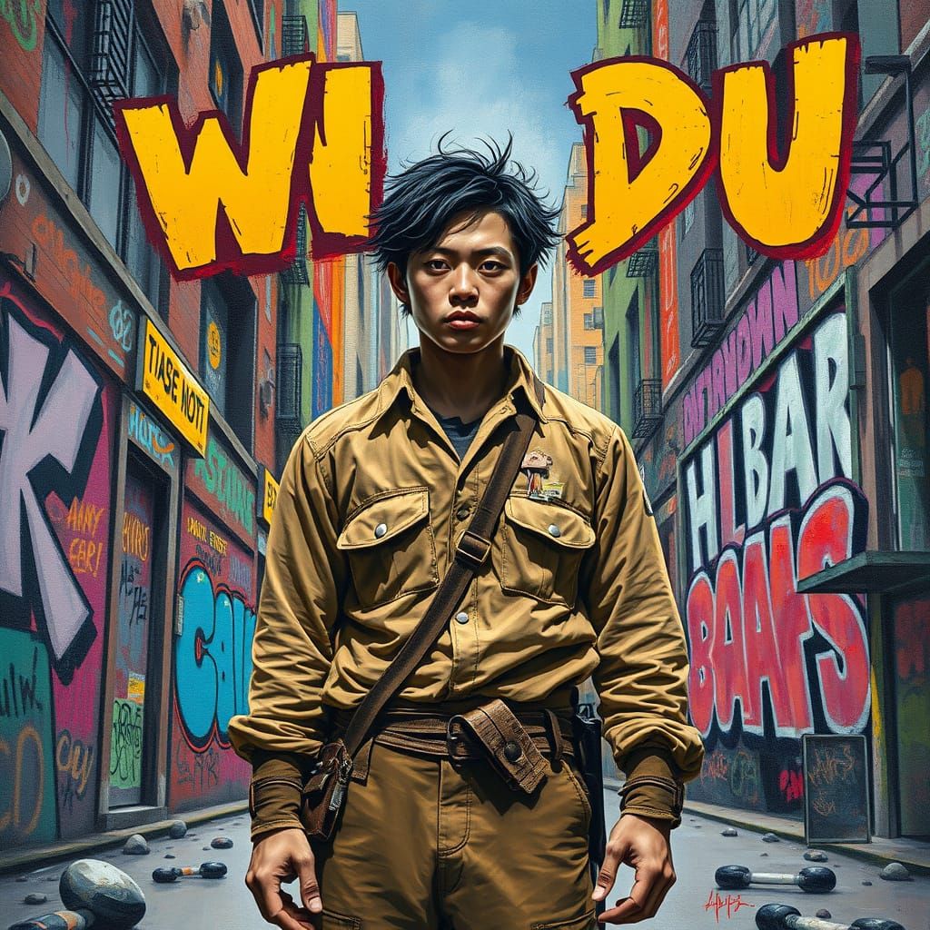 Figure in Graffiti Cityscape with Street Art Aesthetic