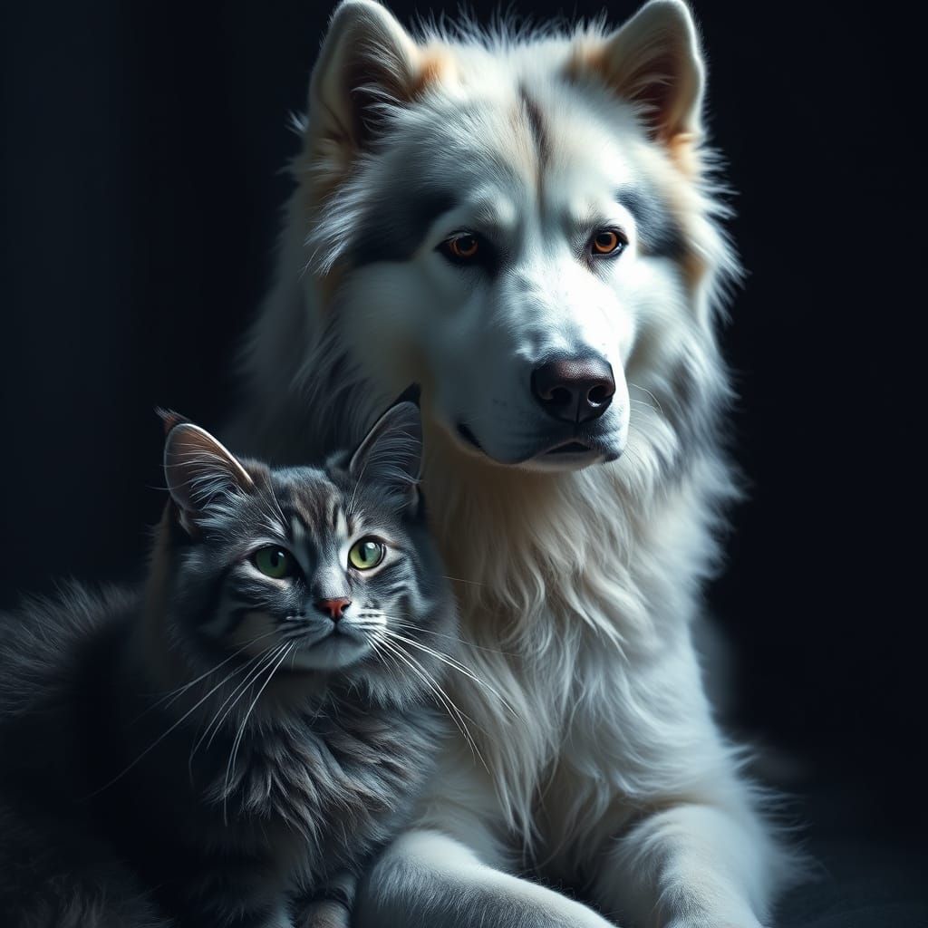 Majestic Alaskan Malamute and Ragamuffin Cat in Moody, Cinem...