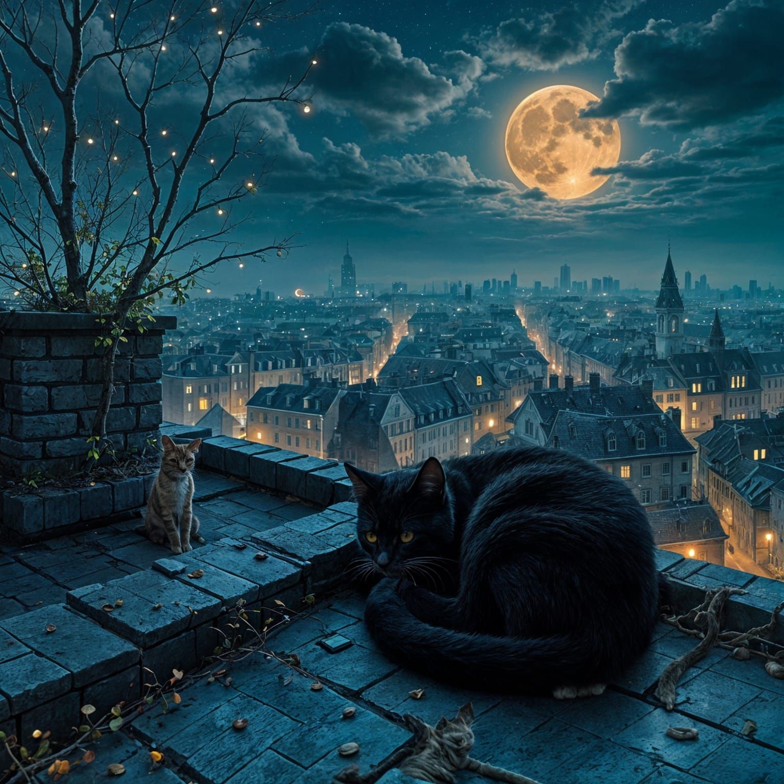 Moonlit Rooftop Cat in Double Exposure Style