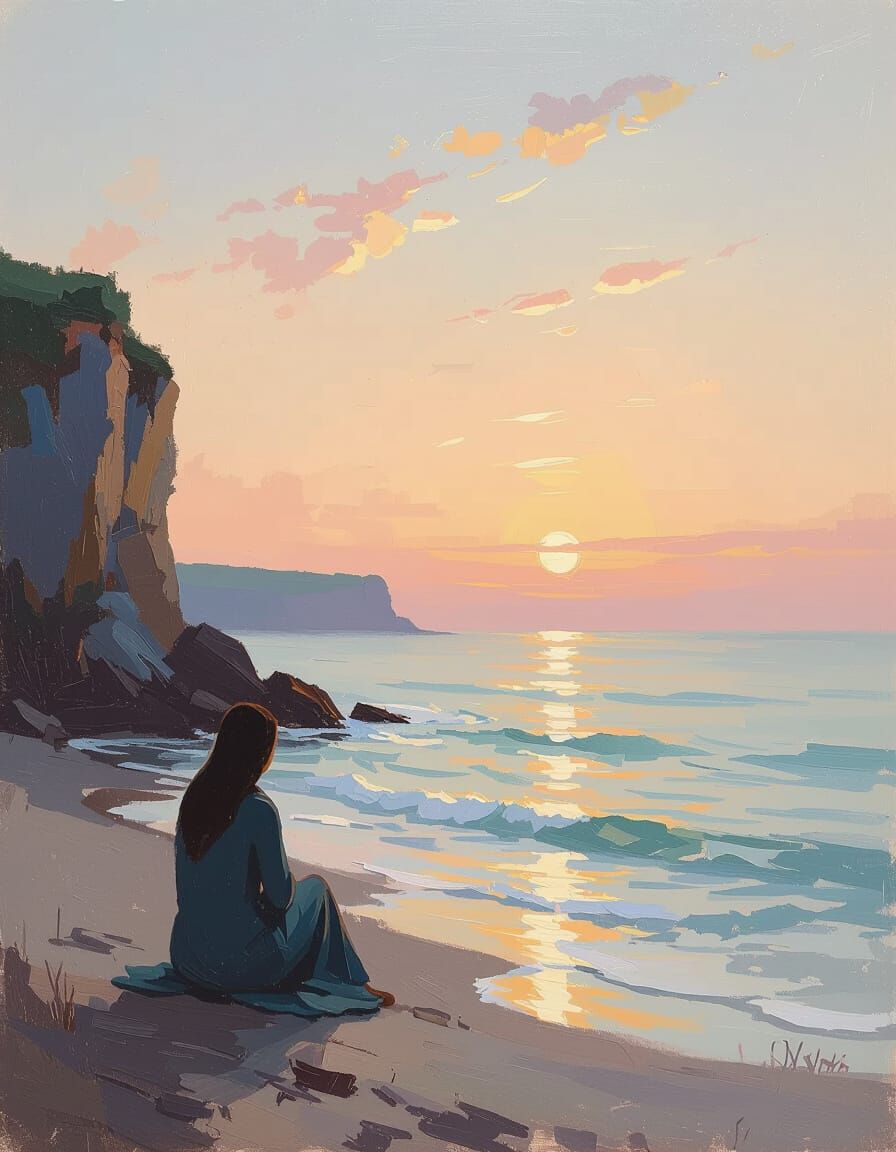 Serene Cliffside Seascape with Figure in Painterly Style
