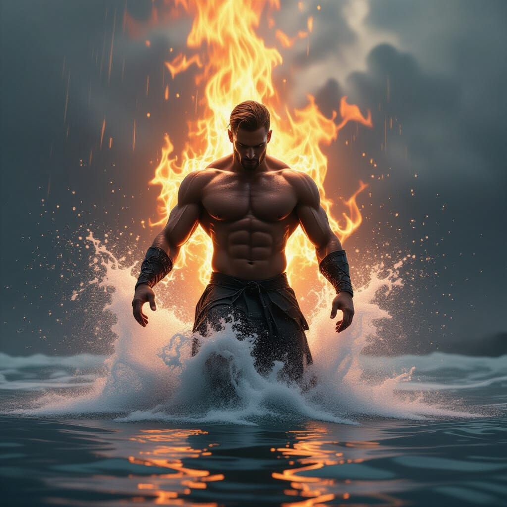 Powerful Water and Fire Deity with Dramatic Lighting