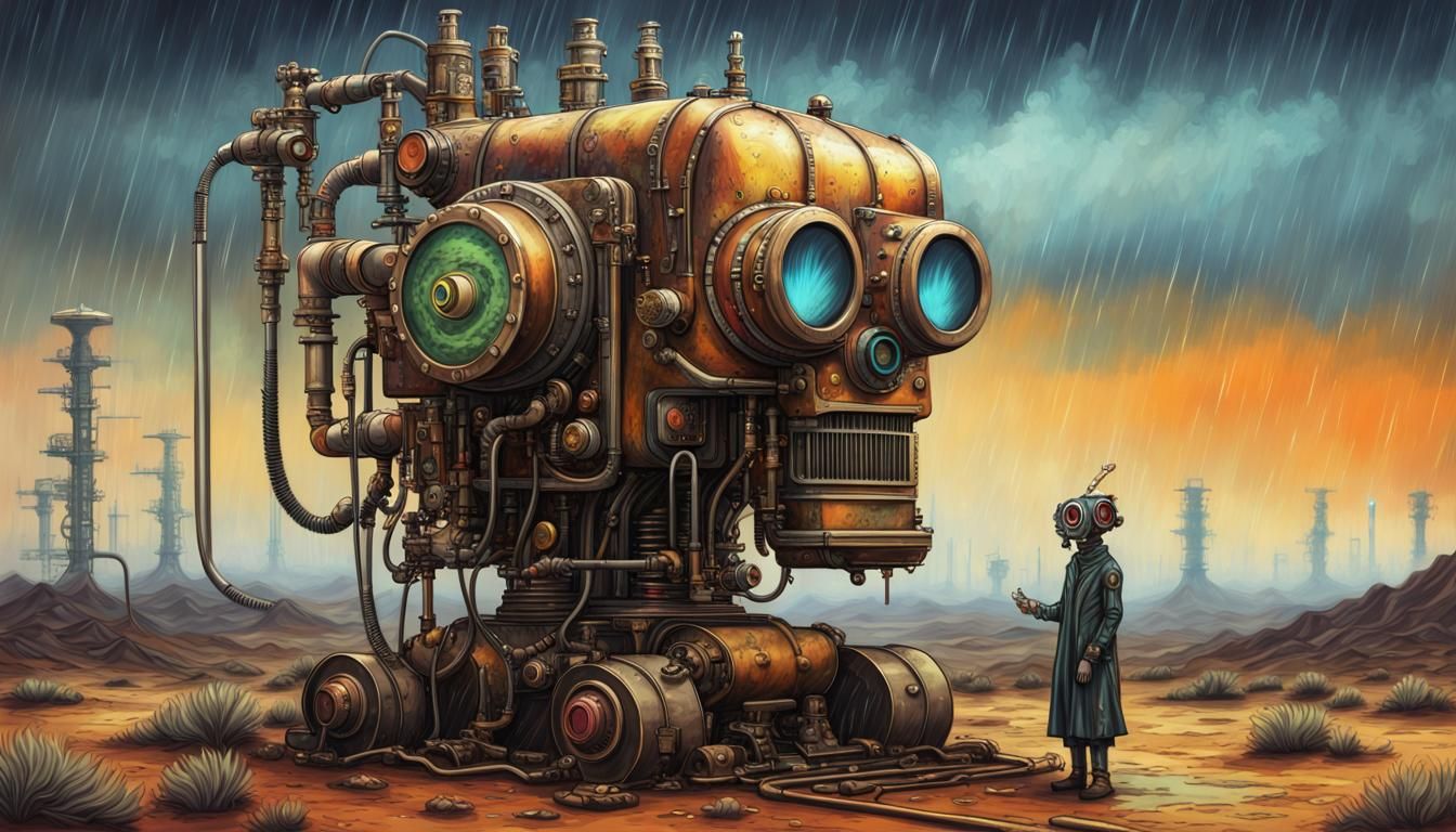 Steampunk Anime Robot in Surreal Desert Landscape