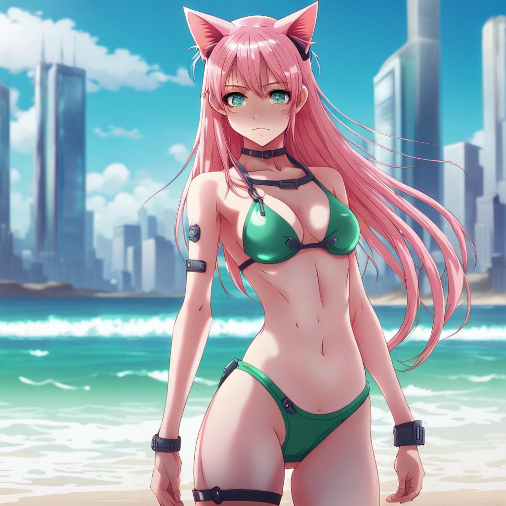 Cyberpunk Anime Cat Girl on Beach