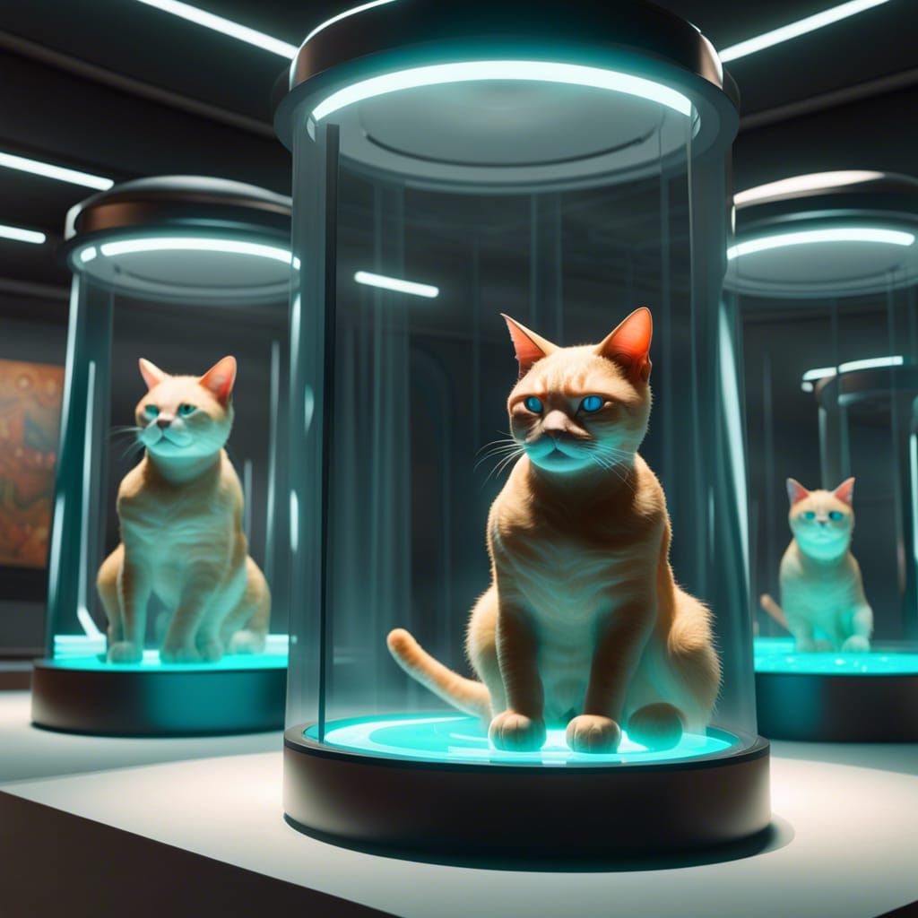 Cyborg Cat in Museum, 3D Render