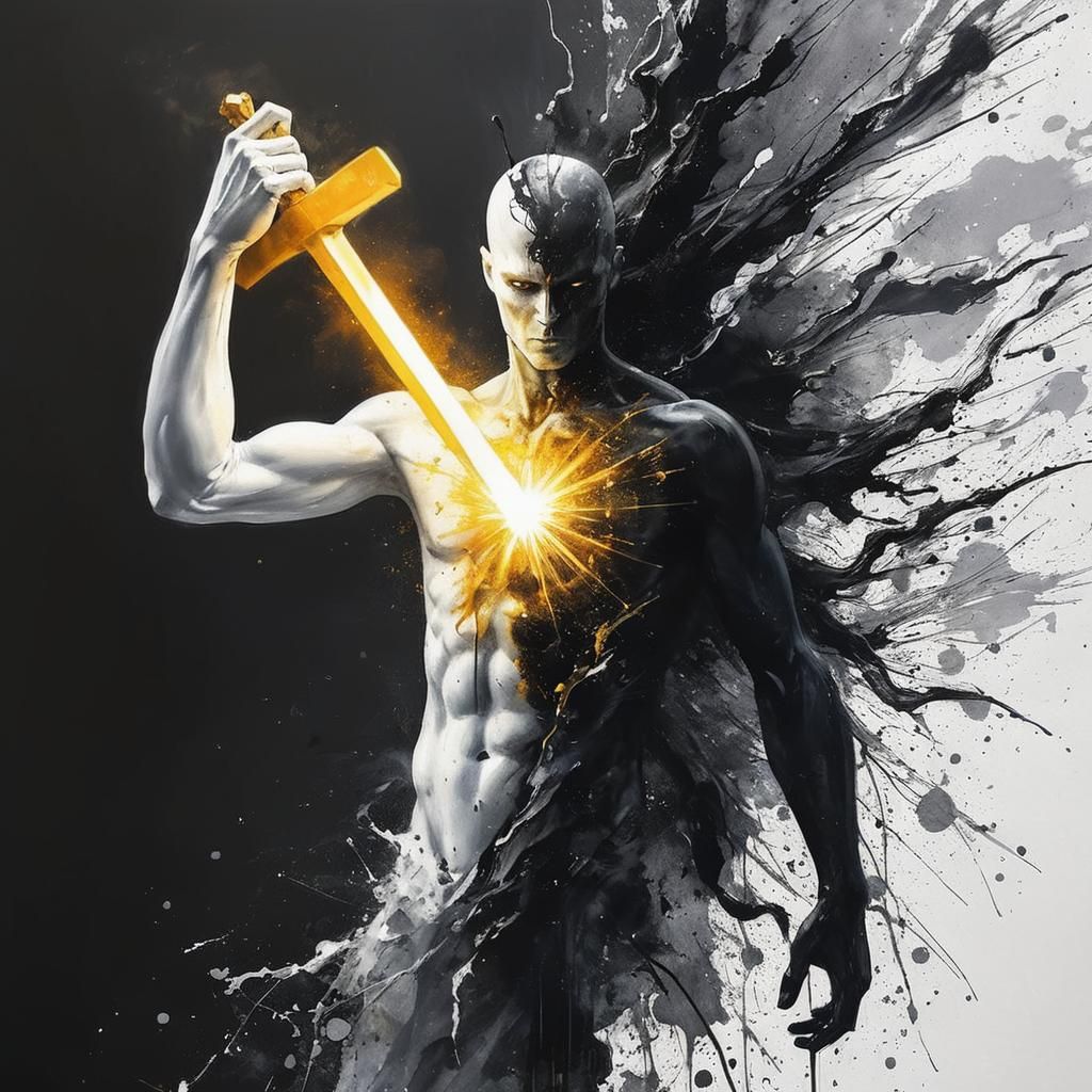 Heroic Figure Pierces Spirit with Golden Light