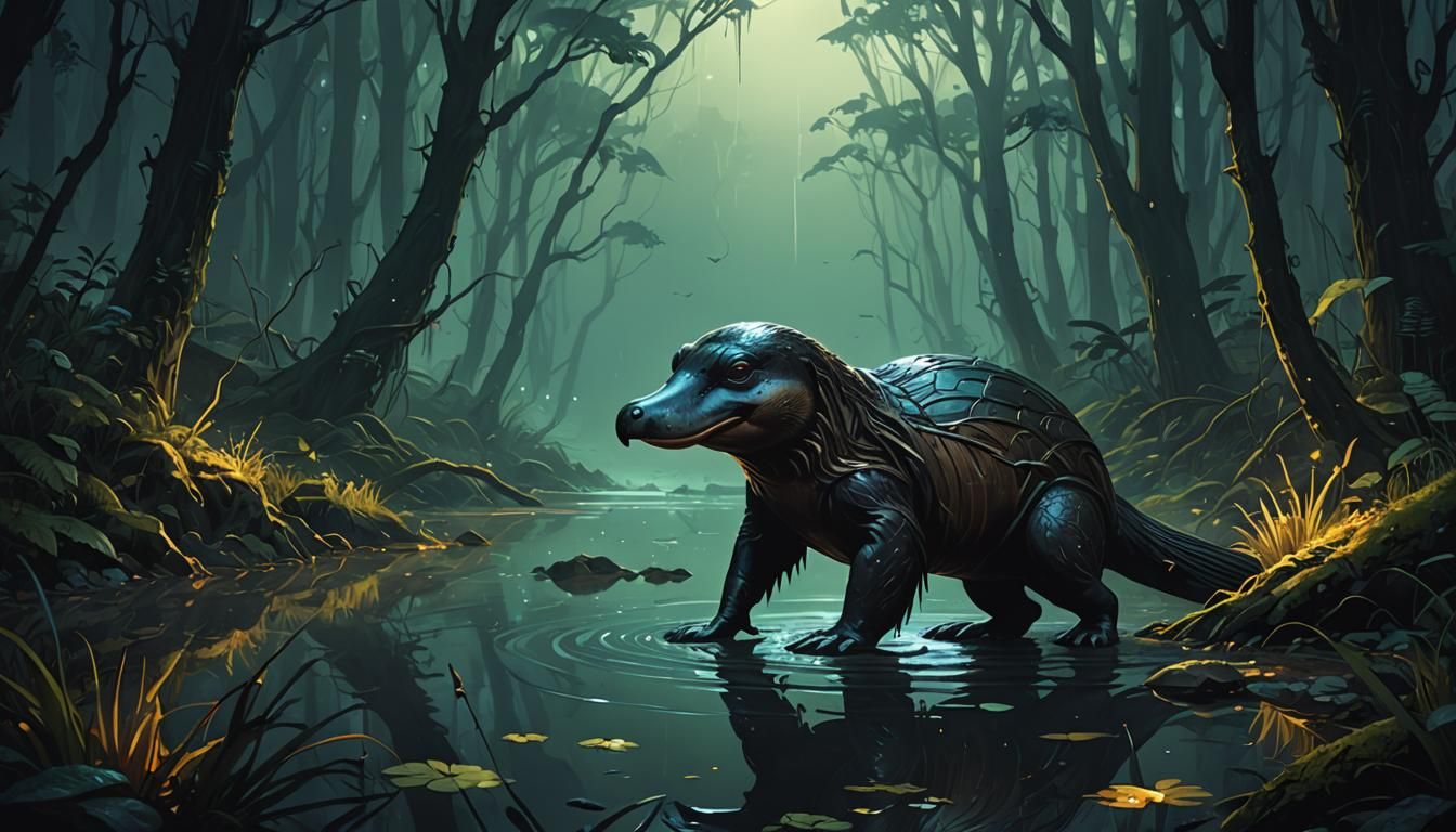 Eerie Fantasy Platypus in Mixed Media Style