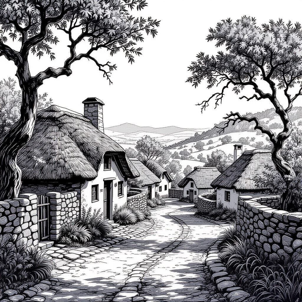 Magaliesberg Village: Intricate Pen and Ink Landscape