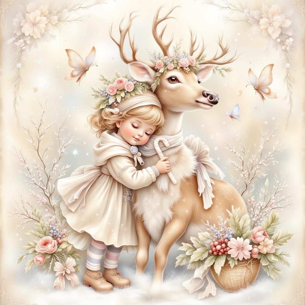 Whimsical Woodland Scene With Child and Deer