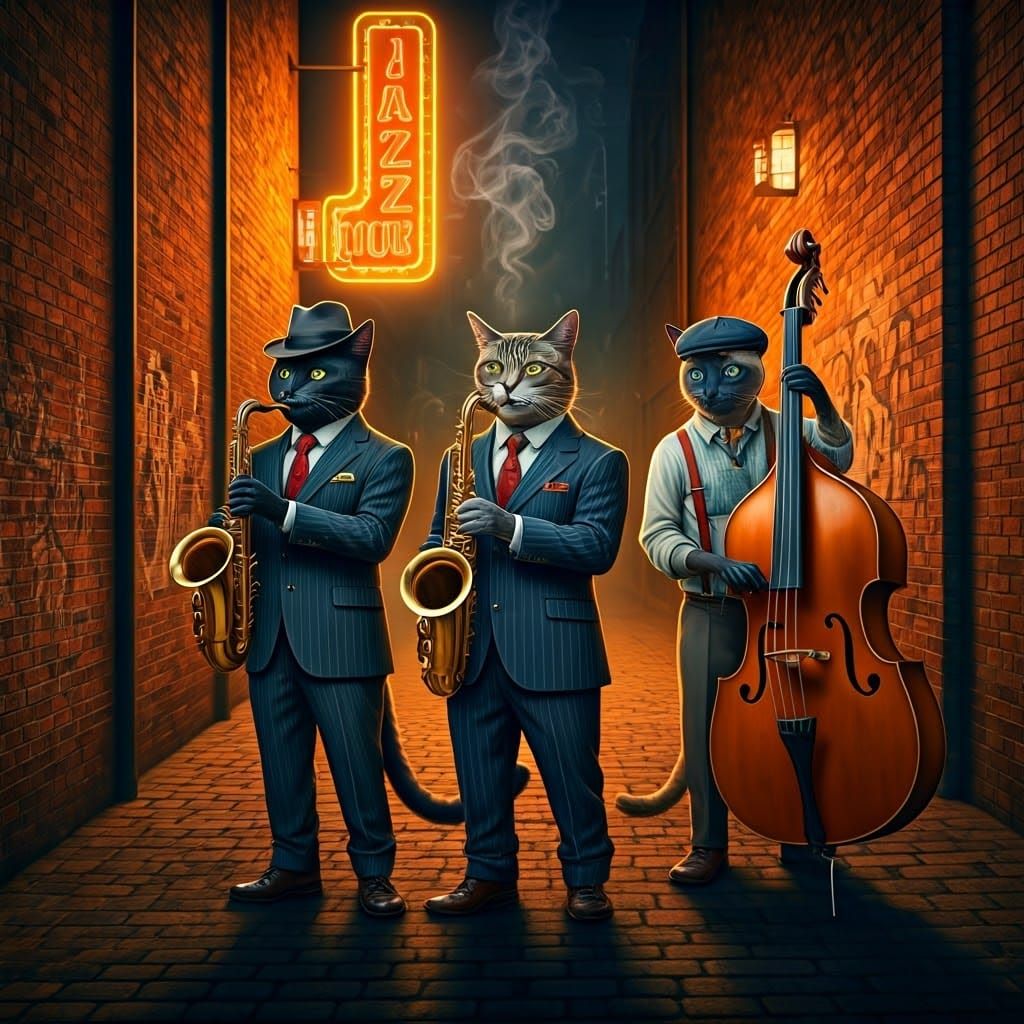 Cats Jazz Band in Smoky Alleyway with Neon Lights