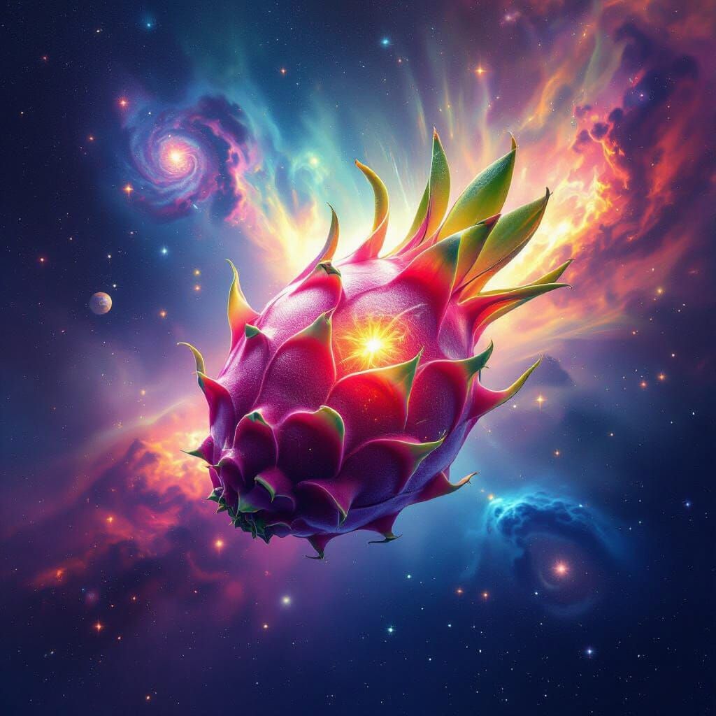 Cosmic Dragon Fruit in Nebula, Painterly Style