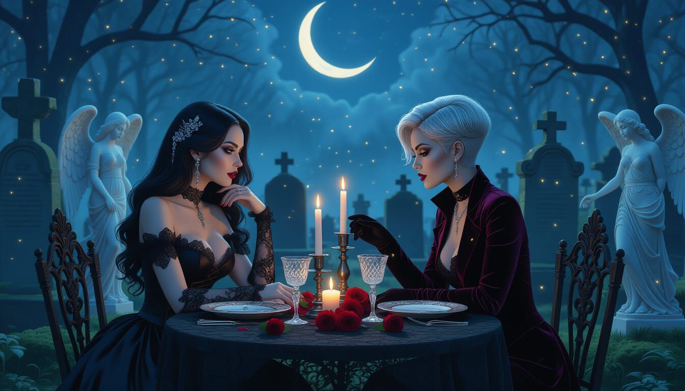 Gothic Romance: Papermache Goth Women Dine in Cemetery