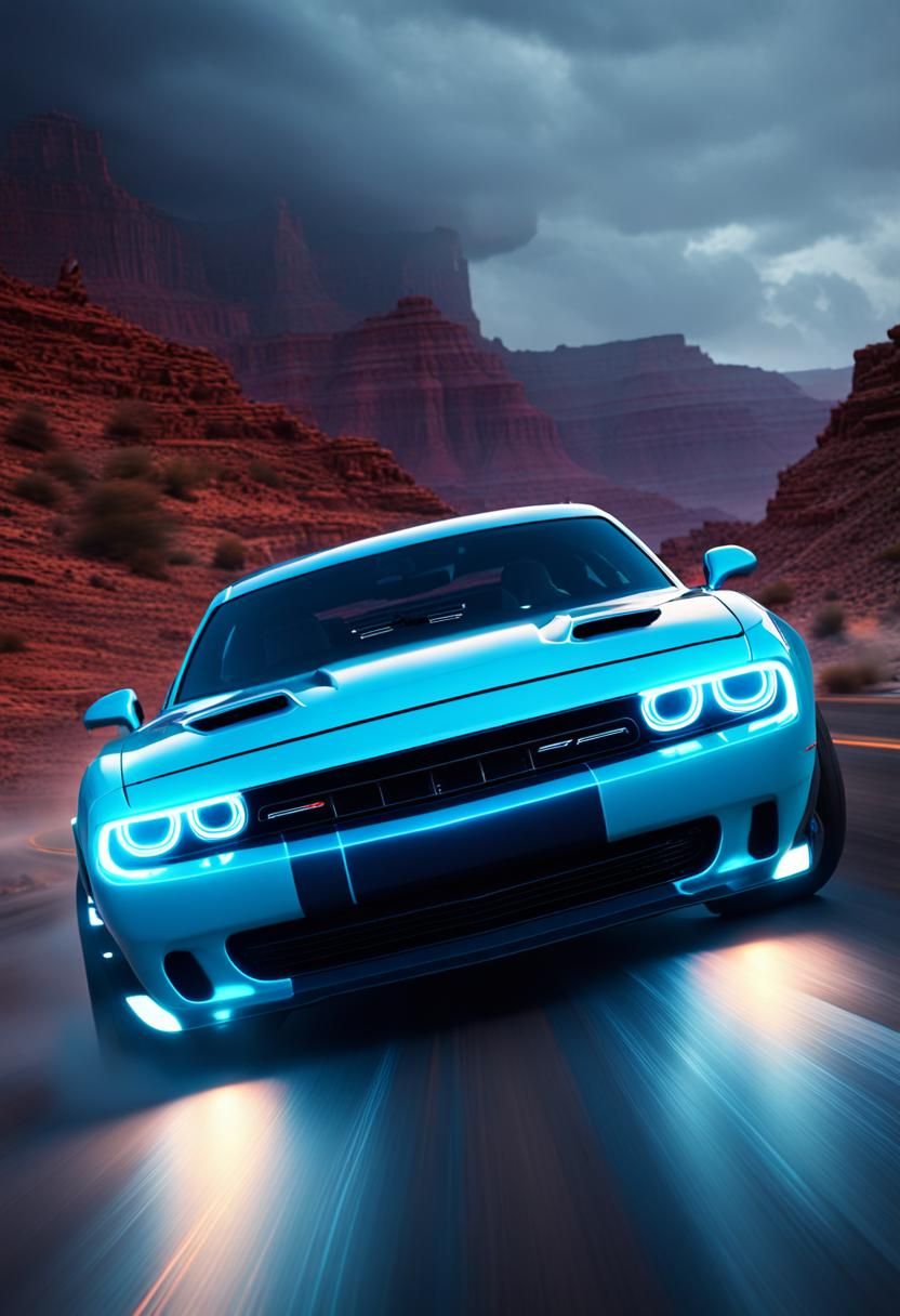 Cyberpunk Dodge Challenger Speeds Through Grand Canyon