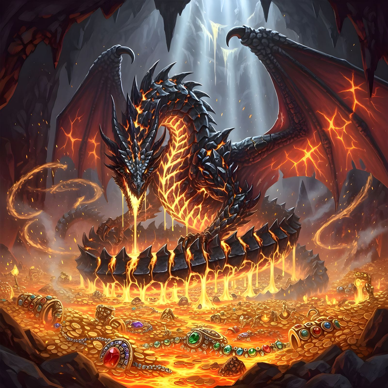 Colossal Dragon Guards Molten Hoard in Fiery Cavern