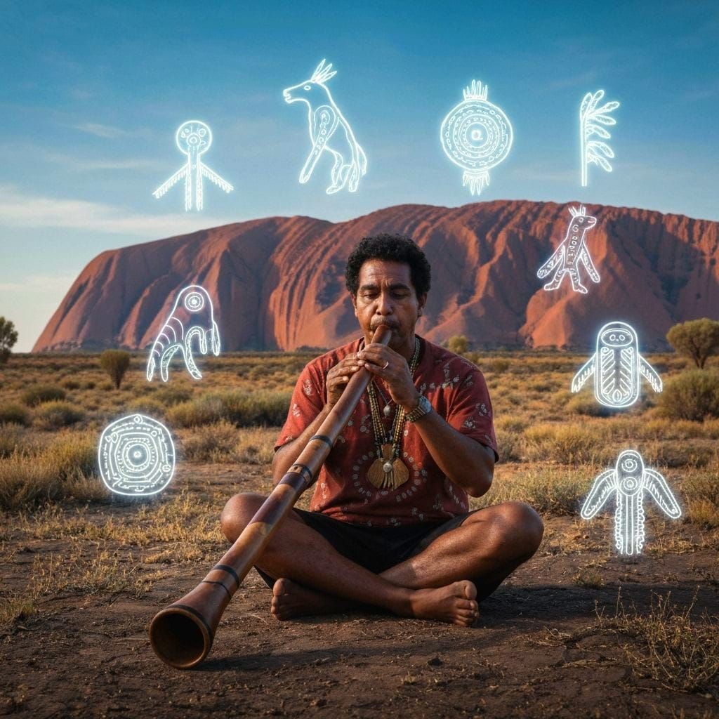 Indigenous Shaman Plays Didgeridoo at Uluru in Mystical Disp...