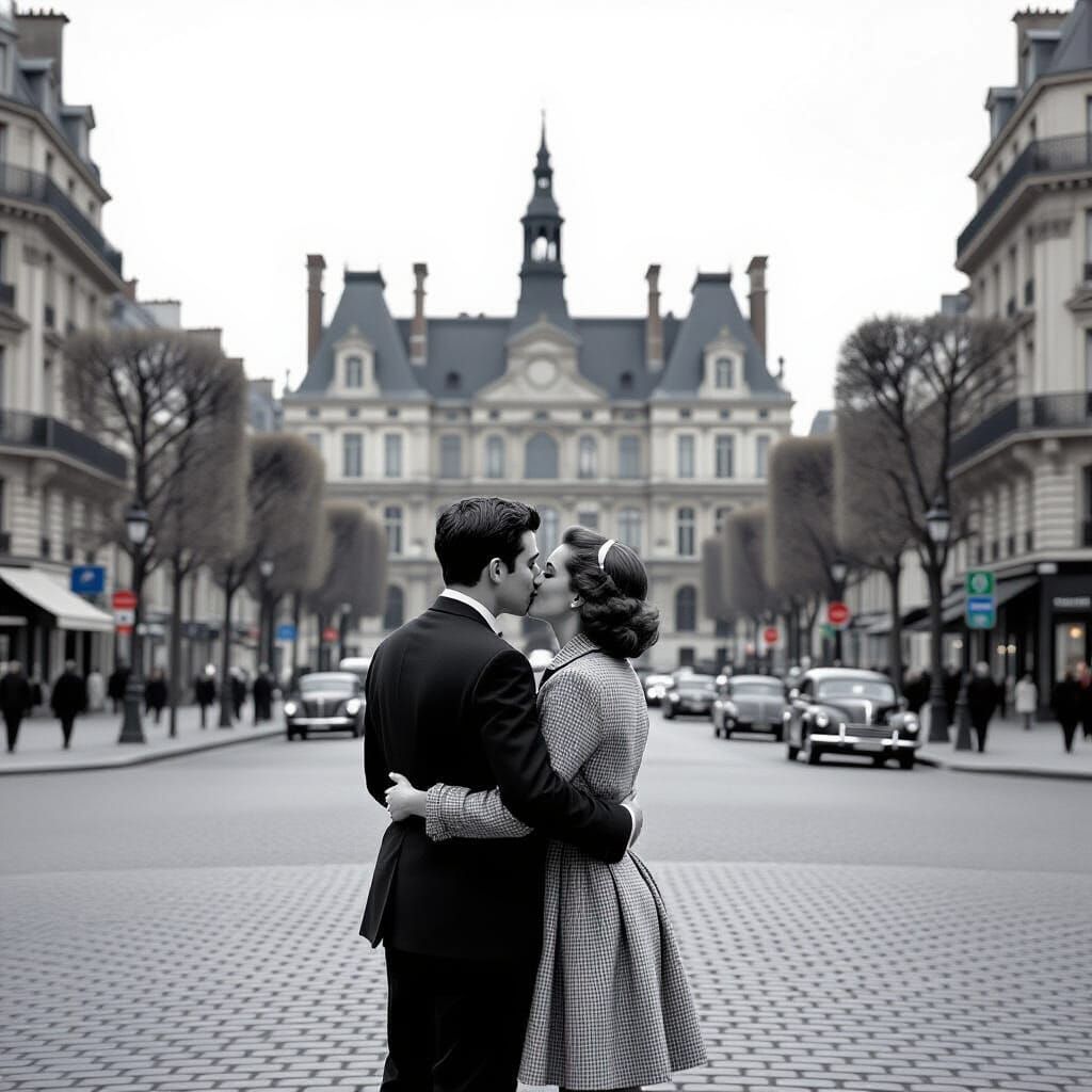 Parisian Couple's Romantic Kiss Captured in Vintage Style