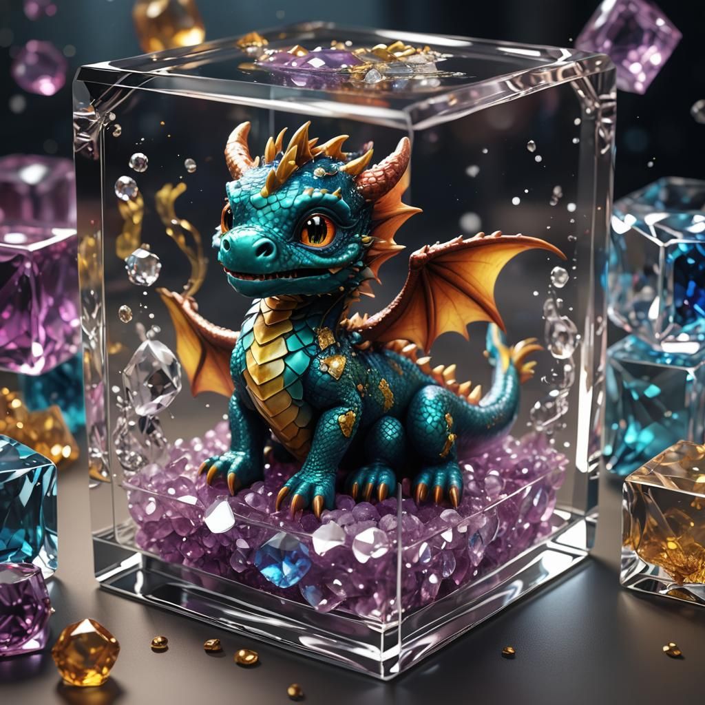 Baby Dragon in Diamond Cube, Digital Art