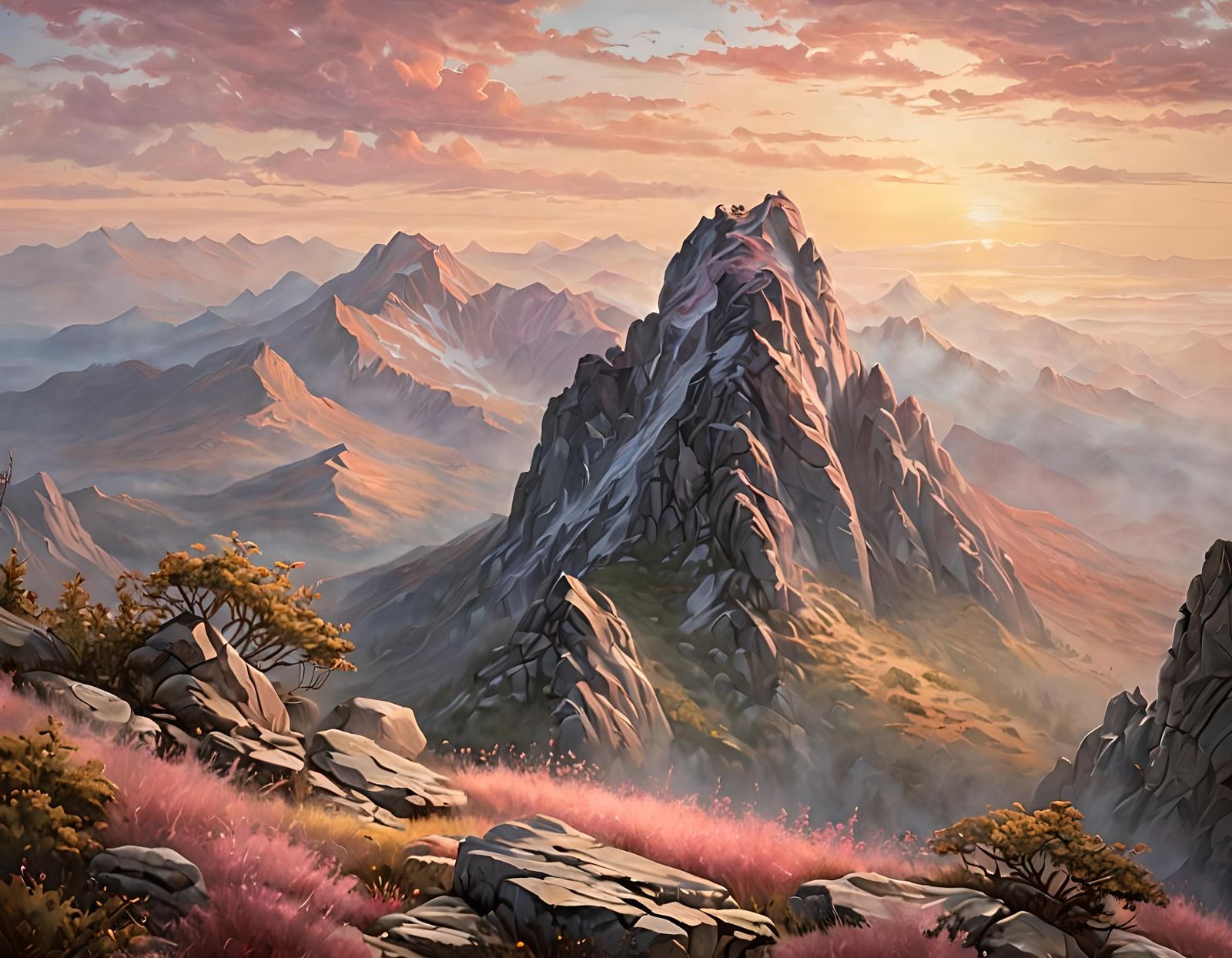 Majestic Mountain Summit Sunrise Oil Painting