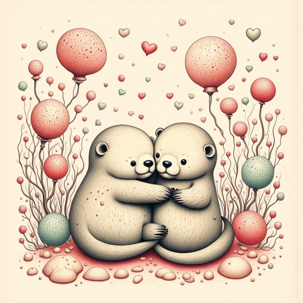 Whimsical Otter Lovers in a Dreamlike Woodcut Scene