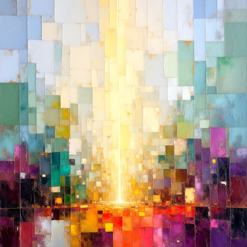 Impasto Cityscape Illuminated by Column of Light