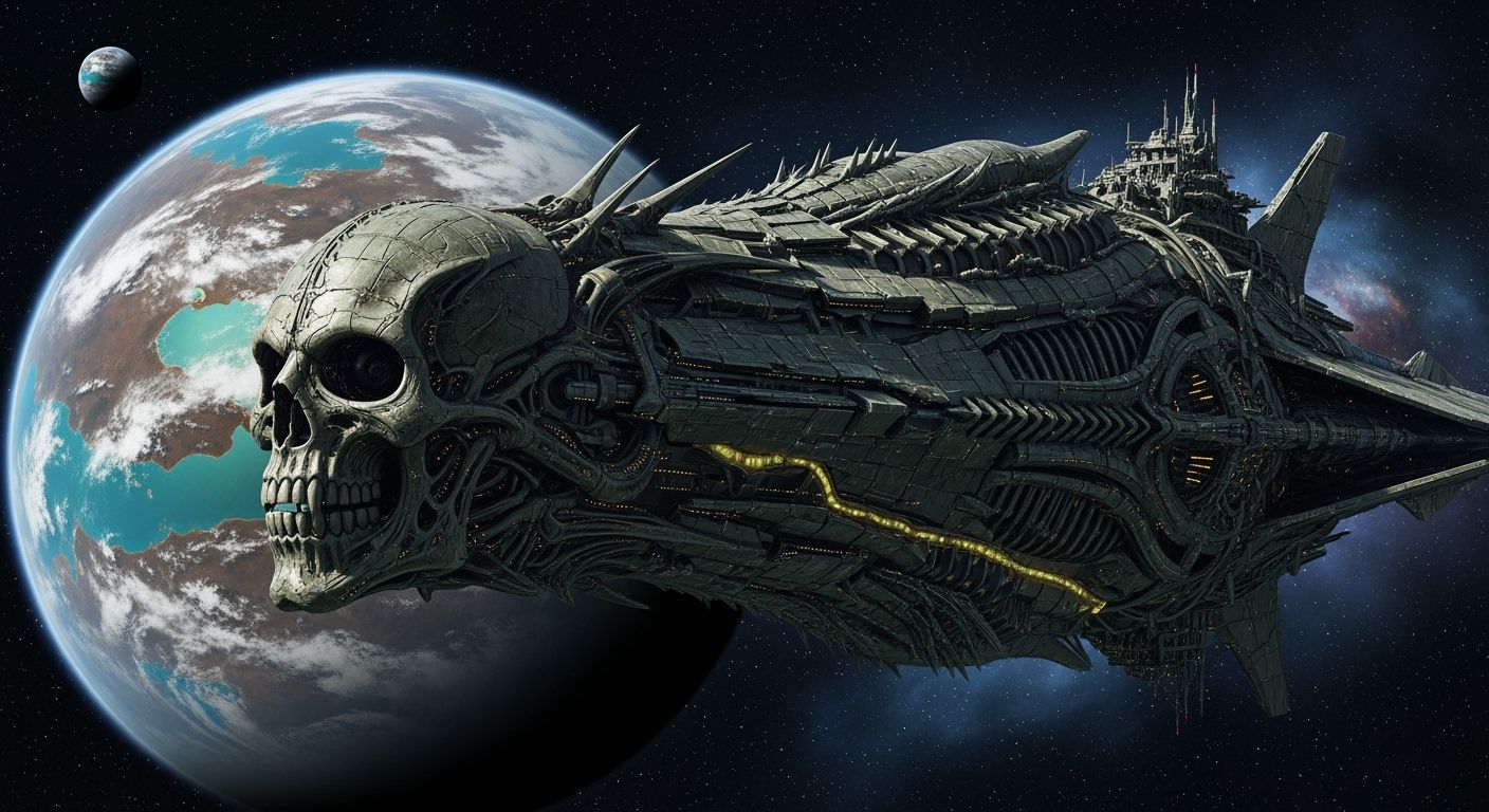 Ominous Alien Starship Glides Past Brown Planet