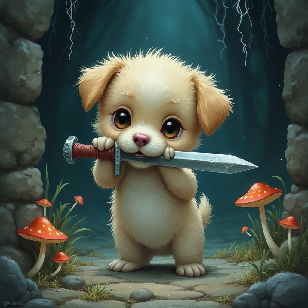 Whimsical Puppy Wields Miniature Sword in Dark Fantasy Dunge...