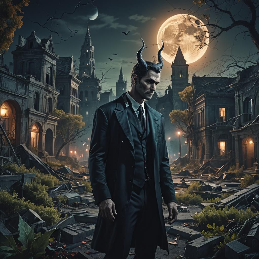 Lucifer in Abandoned City: Dark Fantasy Matte Painting