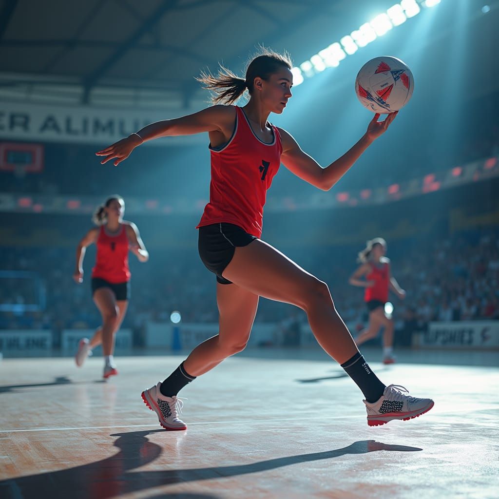 Futuristic Volleyball Stadium with Athletes in High-Tech Uni...