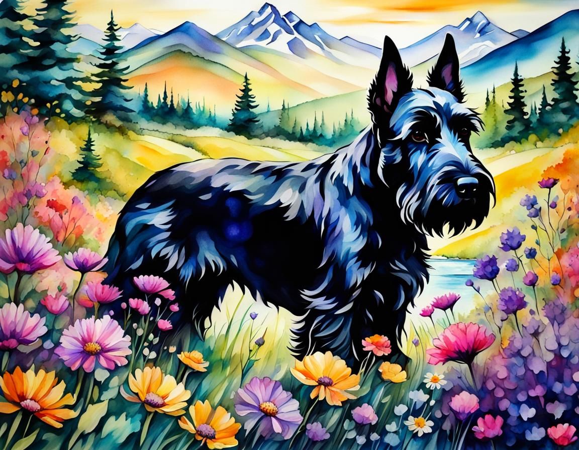 Black Scottish Terrier in Alcohol Ink Style