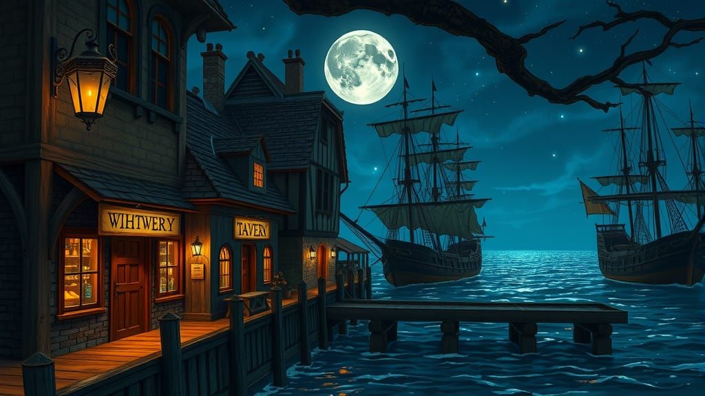 Medieval Coastal Tavern Under Starry Skies