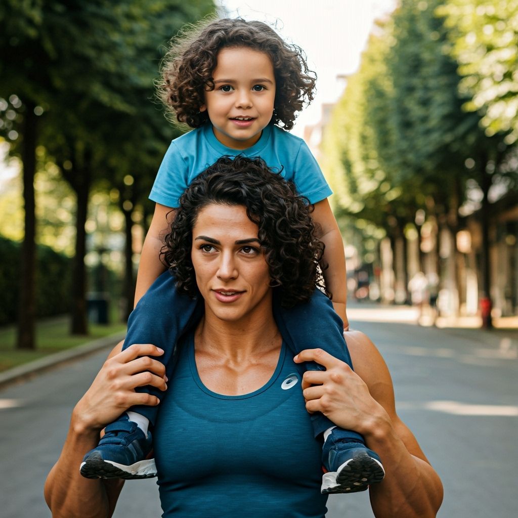 Joyful Boy Rides on Muscular Woman's Shoulders