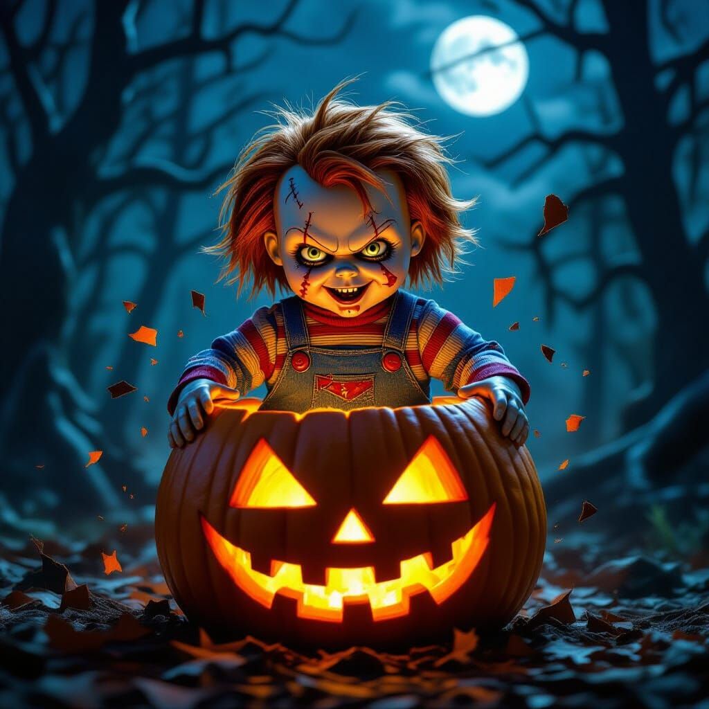 Chucky Doll Escapes Giant Pumpkin in Horror Concept Art