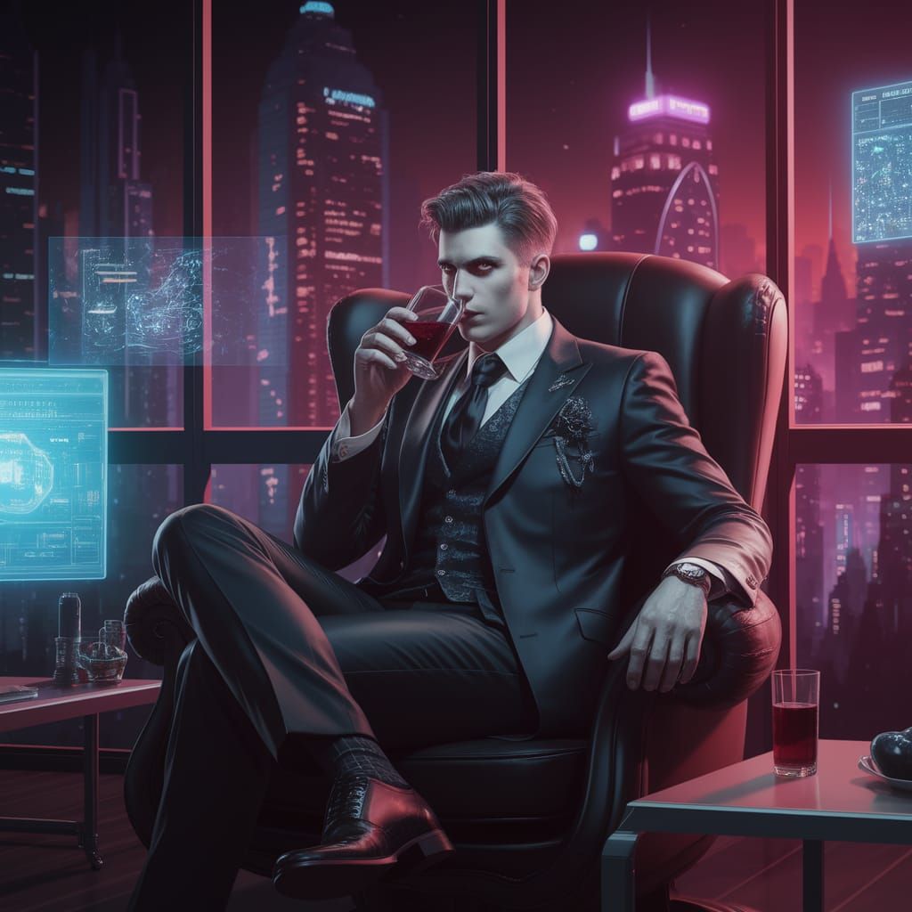 A modern vampire in a dimly lit, high-tech urban loft.