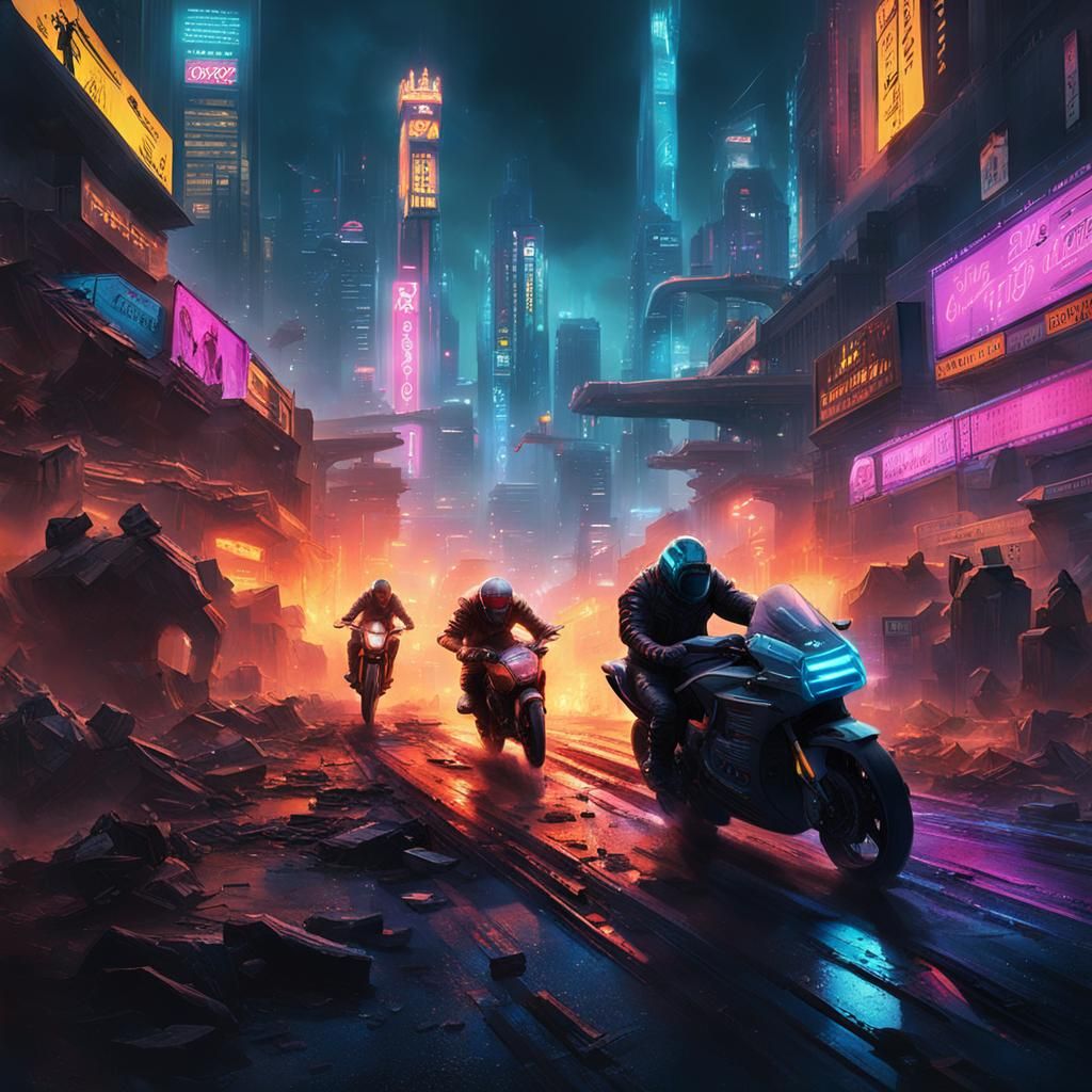 Cyberpunk Jet Moto Race Crash in Dystopian City