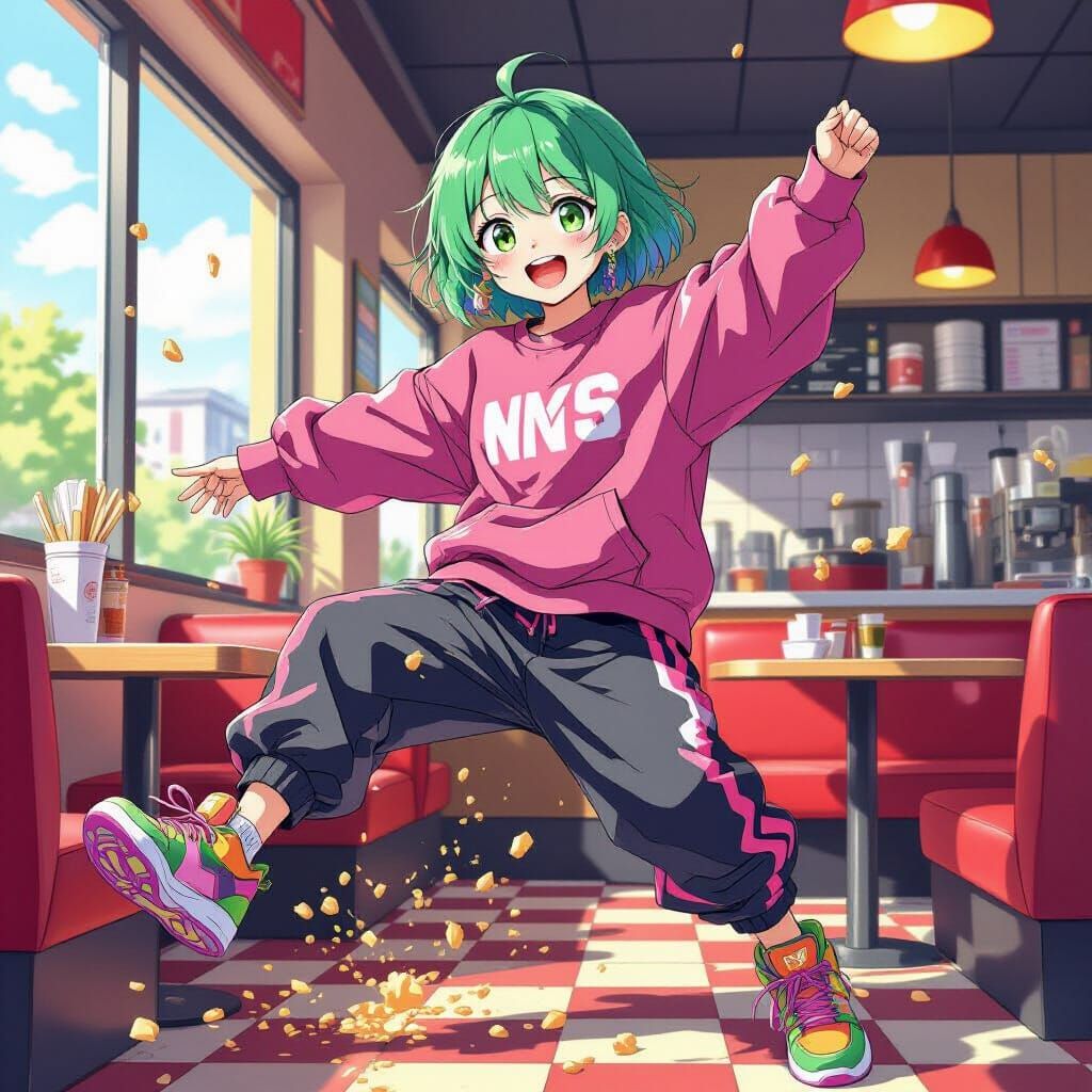 Anime Girl Kicks Food in Vibrant Manga Style